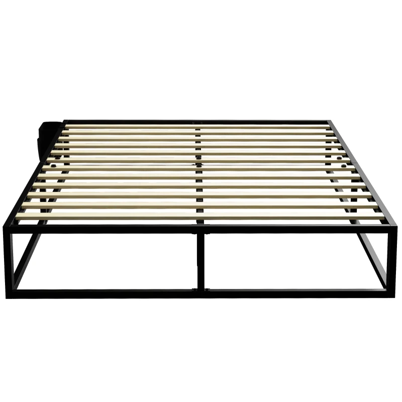 HOMCOM Cadru de pat 140 x 190 cm cu somier, pat dublu cu buzunar de depozitare, suport cu lamele din lemn, negru
