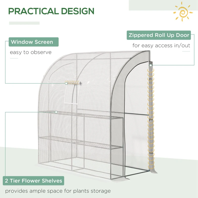Outsunny Walk-In Lean to Wall Greenhouse with Windows and Doors, Outdoor Green House with 3 Tiers 4 Wired Shelves, 200L x 100W x 215Hcm, White