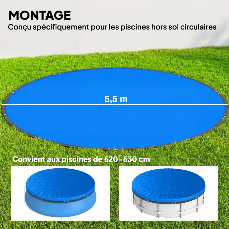 Outsunny Bâche de Piscine Ronde 550 cm Anti-Poussière et Imperméable avec Corde pour Piscines Hors Sol de 520-530 cm, Bleu