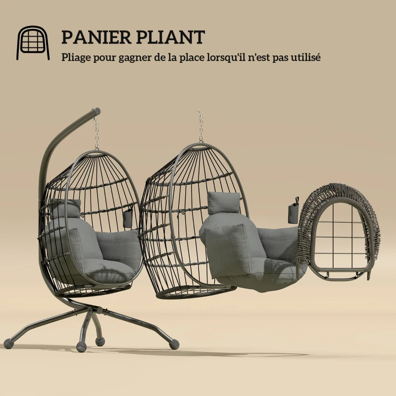 Outsunny Fauteuil suspendu, fauteuil oeuf suspendu panier pliable, coussin rembourré, porte-gobelet, 120x88x192cm, gris foncé