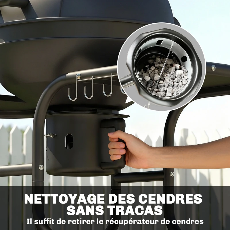 Outsunny Barbecue à charbon Rond avec couvercle Barbecue Rond Extérieur avec Thermomètre, 129 x 63,5 x 106,5 cm, Noir