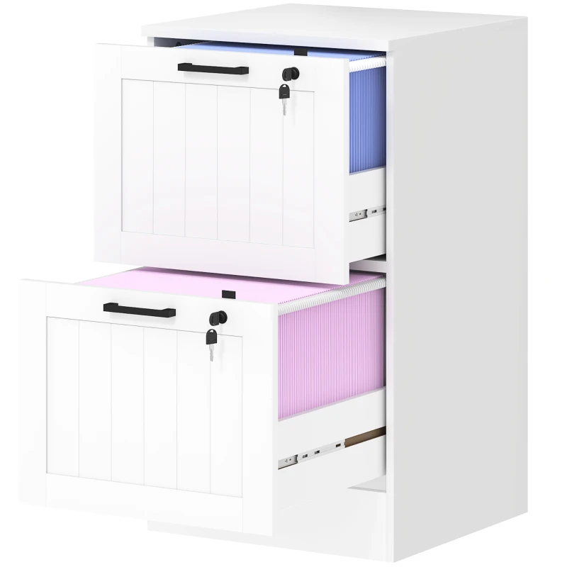 HOMCOM Caisson bureau, meuble rangement bois 2 tiroirs et serrure, barres de suspension réglables, 40 x 40 x 71 cm, blanc