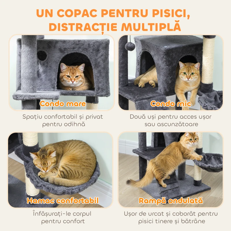 PawHut Arbore pentru Pisici Înalt de 140 cm cu 2 Cuști, Pat și Hamac pentru 2-3 Pisici, Acoperit cu Pluș, Gri