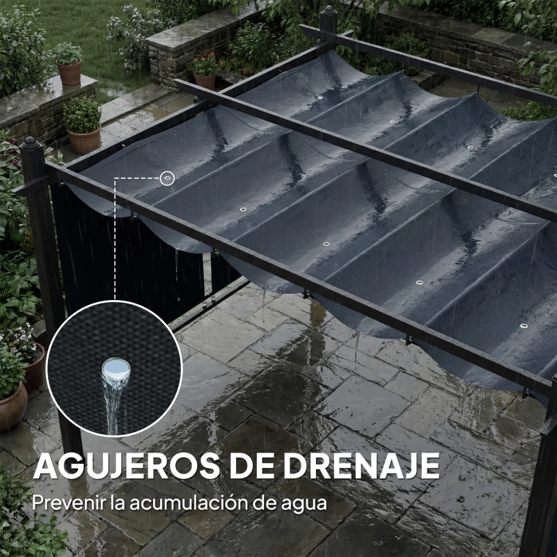 Outsunny Pérgola de Jardín 4x3 m con Cortinas Enrollables Automáticas y Techo Retráctil Cenador de Jardín con UPF50+ Gris Oscuro