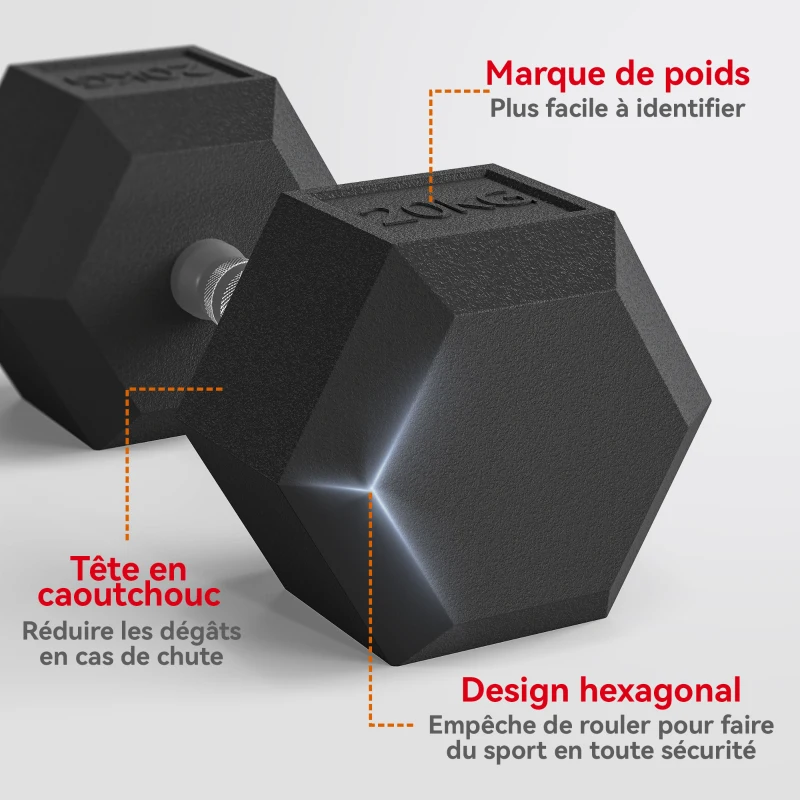 HOMCOM Lot de 2 Haltères Courtes Poids 40 kg, Haltère Hexagonale Entraînement Musculaire & Haltérophilie, Noir