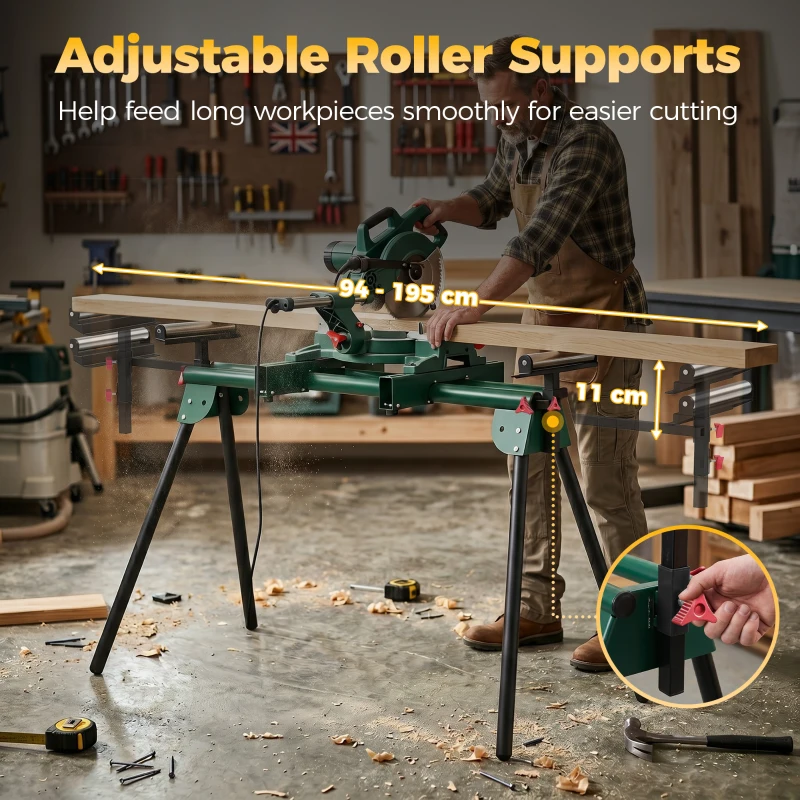 HOMCOM Universal Mitre Saw Stand with Adjustable Rollers and Support Arms, Portable Miter Saw Stand with Folding Legs