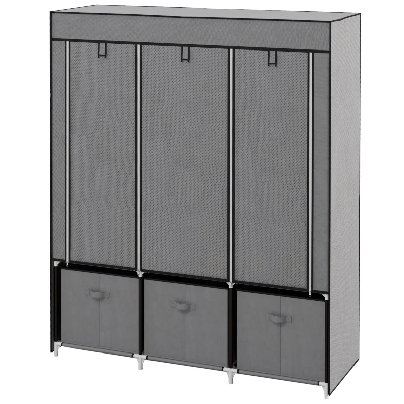HOMCOM Armario de Tela Armario Ropero con 2 Barras 5 Estantes Abiertos 3 Cajones Cremallera Marco Acero 125x43x162,5 cm Gris
