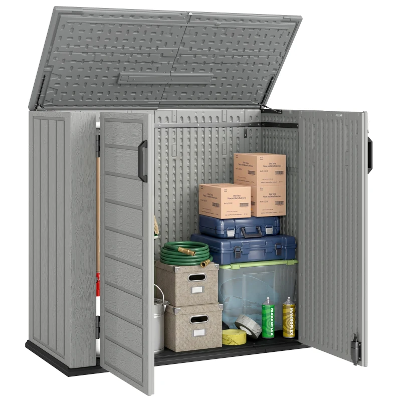 Outsunny Gartenschrank 940L Kunststoff Mülltonnenbox 142x67x119cm Geräteschuppen mit abschließbar Doppeltür Klappdeckel