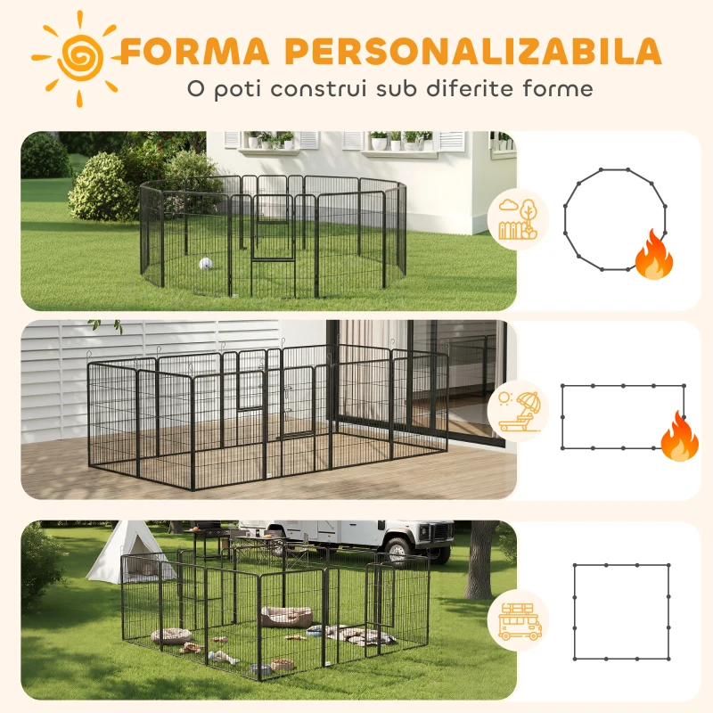 PawHut Țarc pentru câini cu 12 panouri modulabile de 80x100 cm, pliabil, cu ușă din oțel și 12 țăruși, gri