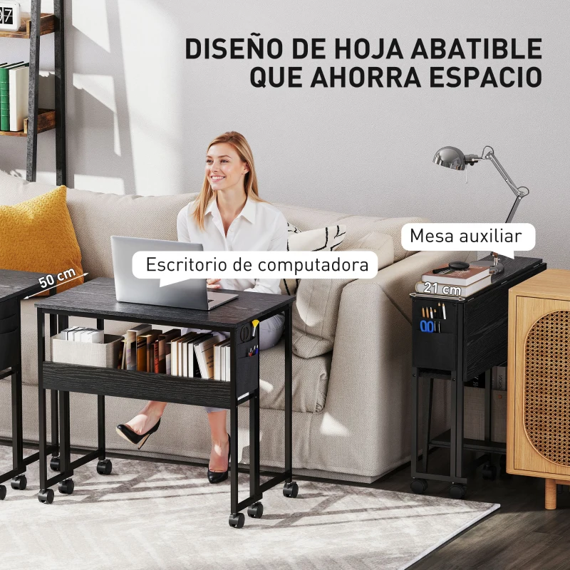 HOMCOM Escritorio Plegable con Ruedas Balda y Bolsillo de Almacenaje Ideal para Espacios Pequeños 80x50x75 cm Negro