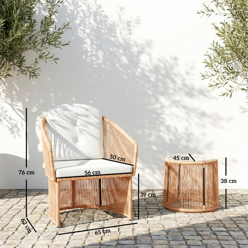Outsunny Rattan-Bistro-Set, 3-teiliges Gartenmöbel-Set mit rundem Glastisch, Sesseln und Kissen, Cremeweiß