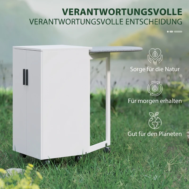 HOMCOM 2-in-1 faltbarer Bügelbrettschrank auf Rollen mit Bügelbrett und verstellbarem Regal für kleine Räume, Weiß
