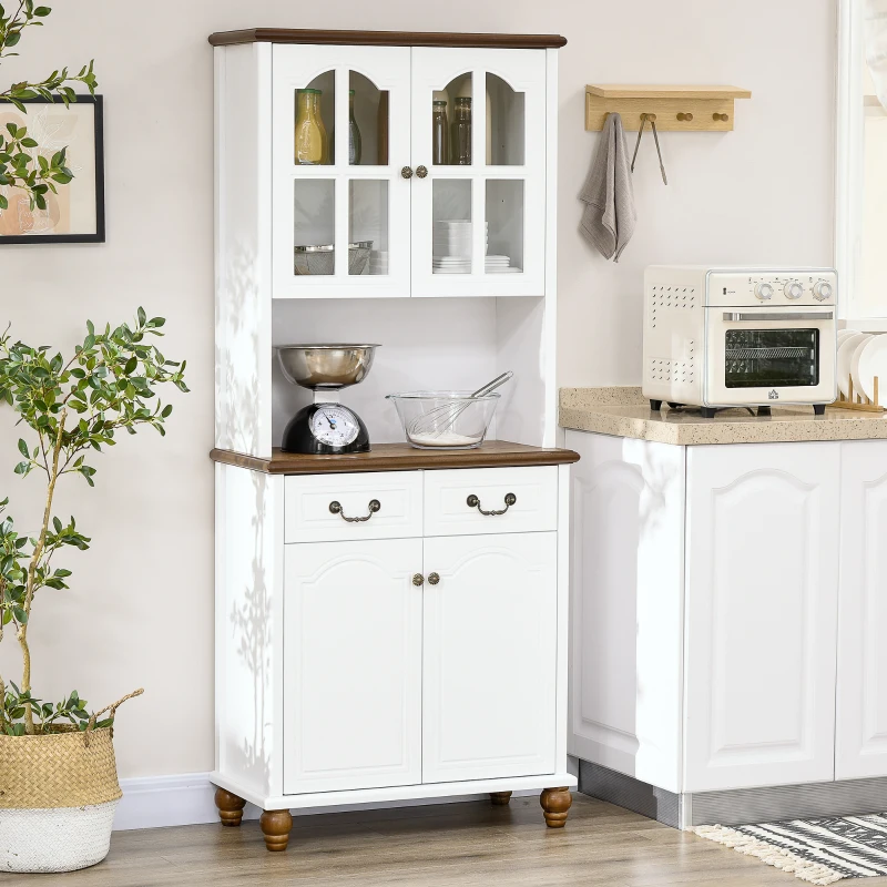 HOMCOM Küchenschrank, Buffet, 2 Schubladen, 2 Schrankfächer, klassisches Design, Weiß+Dunkelbraun, 76 x 38 x 182 cm(m-10)