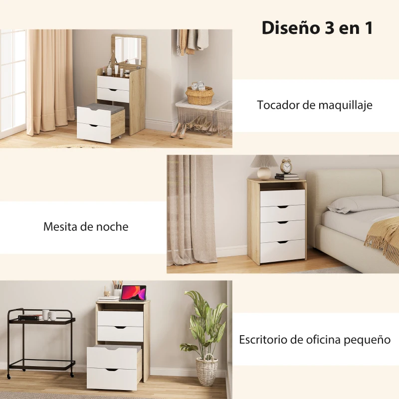 HOMCOM Tocador de Maquillaje 3 en 1 con Taburete Oculto y Espejo Abatible Mesa de Maquillaje de Vidrio Visible Roble y Blanco
