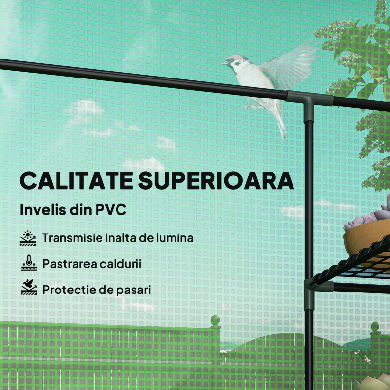 Outsunny Seră de Grădină cu 2 Rafturi pe 3 Niveluri și Intrare cu Fermuar, din Oțel și PE, 142x73x195 cm, Verde