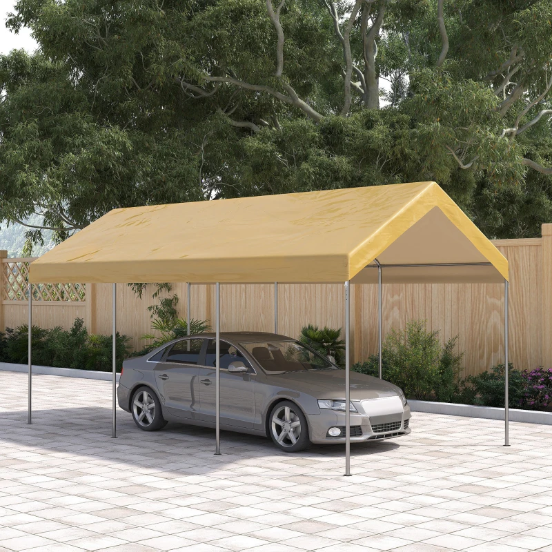 Outsunny Tendone da Giardino ad Altezza Regolabile in Acciaio e PE per Auto Piccole e Medie, 600x295x265-310 cm, Beige