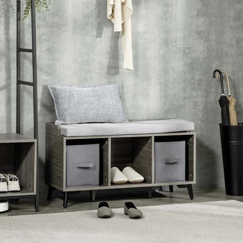 HOMCOM Banco Zapatero Tapizado Mueble Zapatero con Banco con 3 Compartimentos Abiertos y 2 Cajones de Tela 90x34x48 cm Gris