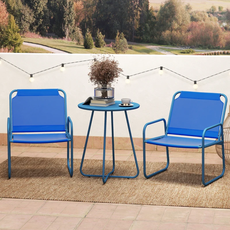 Outsunny Ensemble de jardin 3 pièces, salon de jardin, 2 fauteuils 1 table ronde, acier et tissu mesh, bleu marine