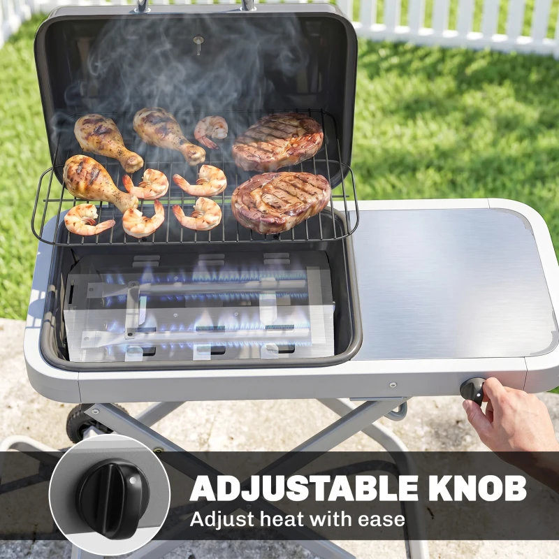 Outsunny Foldable Gas BBQ Grill with Side Table, Portable Gas Barbecue Grill with Thermometer, Grease Box, Wheels, 2.5 kW, Black