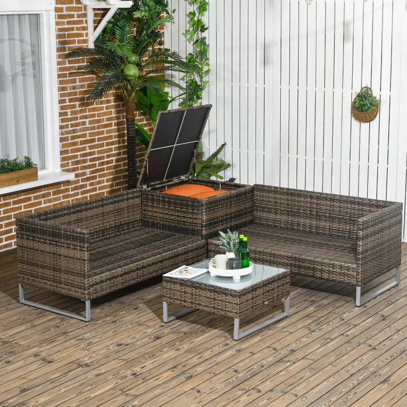 Outsunny 4 Piece Rattan Garden Furniture Set, Outdoor Corner Sofa Set with Storage Table, Loveseats, Cushions - Orange