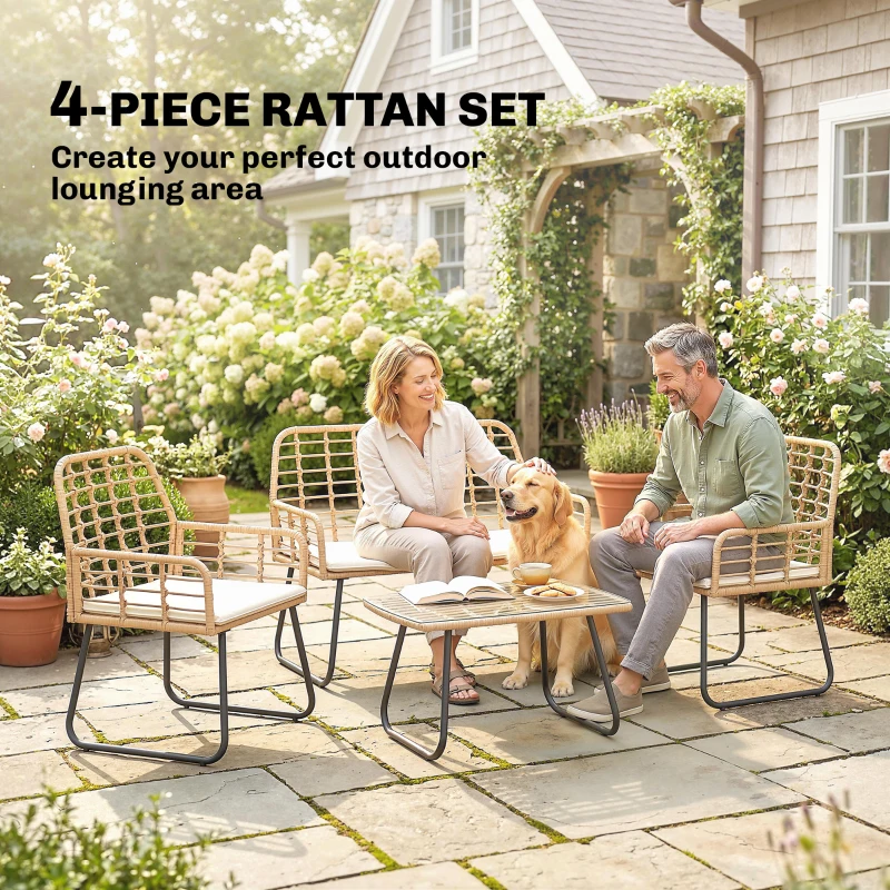 Outsunny 4 Piece Rattan Garden Furniture Set, Outdoor Patio Furniture with Loveseat, Armchairs and Coffee Table