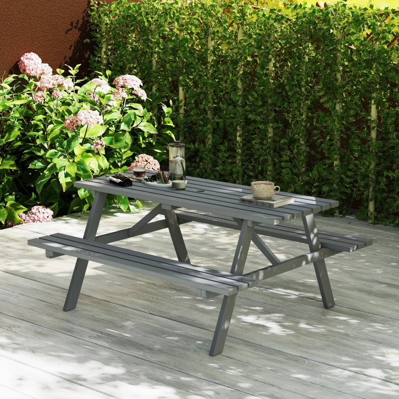 Outsunny 6 Seater Wooden Picnic Table Bench for Outdoor Garden or Patio with Parasol Cutout 150 cm Grey