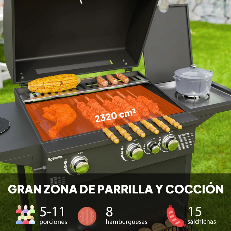 Outsunny Barbacoa de Gas con 3 Quemadores Parrilla para 5-9 Personas Quemador Lateral Termómetro y Ruedas 123x58x98 cm Negro
