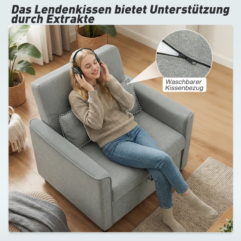 HOMCOM 3-in-1 Schlafsessel, Ausziehbarer Sofa-Bett Sessel mit Verstellbarer Rückenlehne, Grau