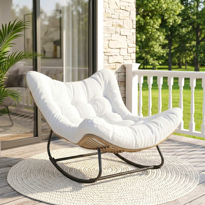 Outsunny Fauteuil à bascule de jardin chaise à bascule en forme d'œuf avec coussin rembourré 98 x 111 x 74 cm crème