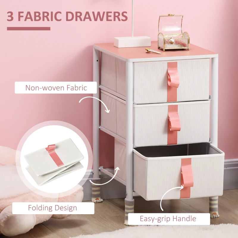 HOMCOM Bedroom Chest of Drawers, Cloth Organizer Unit with Fabric Drawers and Steel Frame, 3 Drawer Dresser, Pink