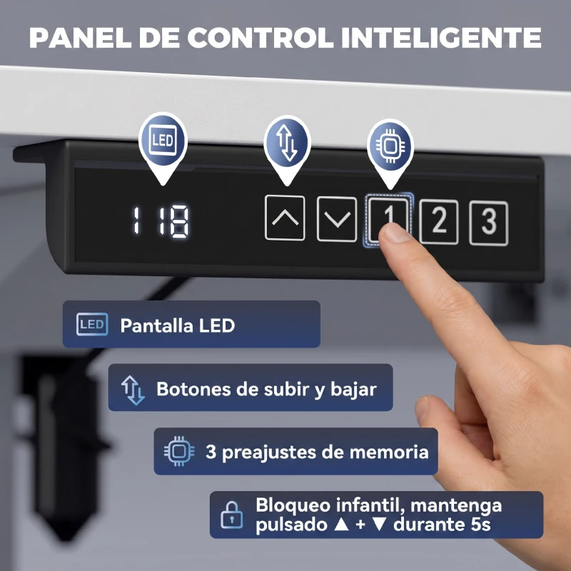 HOMCOM Escritorio Elevable Eléctrico 140x60 cm con 3 Memorias Pantalla LED 2 Ganchos y 2 Pasacables Blanco