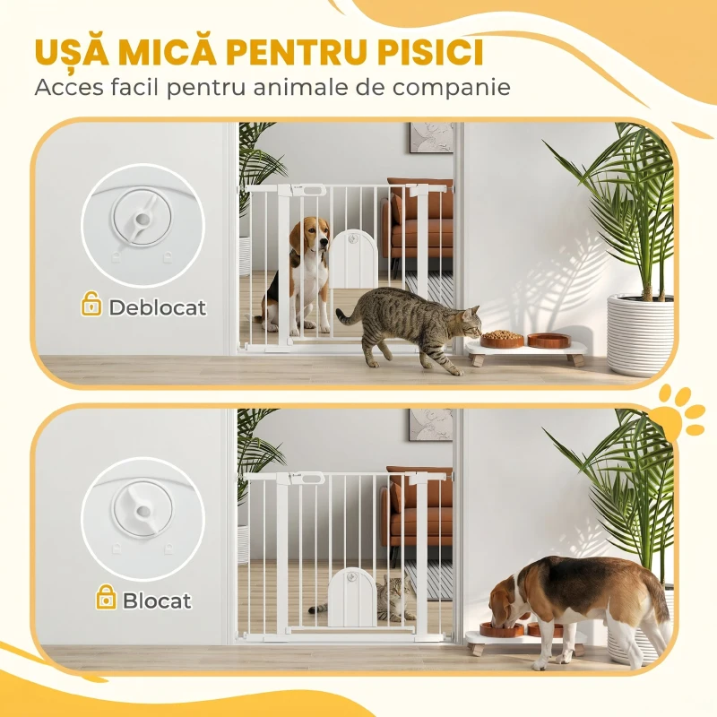 PawHut Poartă Reglabilă pentru Câini cu Ușă Mică și Închidere Automată, 75-103x76cm, Alb