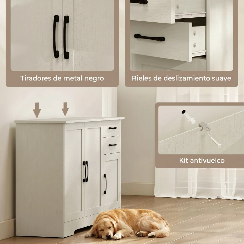 HOMCOM Aparador para Salón Moderno con 3 Puertas 2 Cajones Estante Ajustable para Comedor Entrada 120x38x79 cm Crema