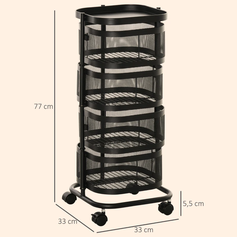 HOMCOM Carrito Auxiliar con Ruedas de 5 Niveles con 4 Cestas de Almacenamiento Giratorias 270° y Bandeja 33x33x77 cm Negro