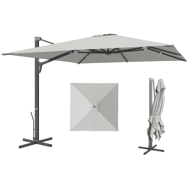 Outsunny Umbrelă Suspendată cu manivelă și bază în cruce, din poliester, aluminiu și metal, 365x297x256 cm, gri deschis