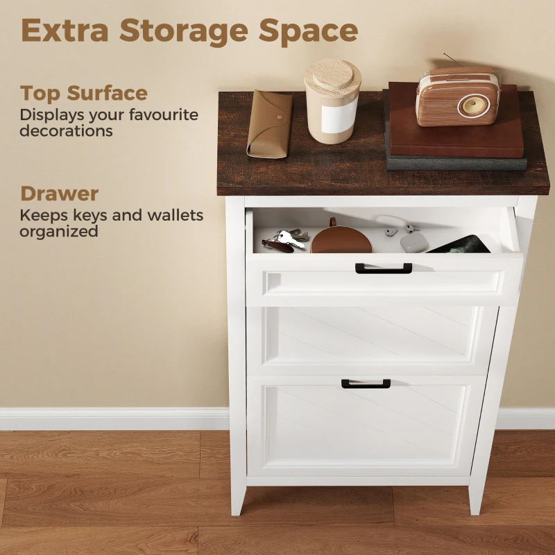 HOMCOM Shoe Cabinet with 2 Flip Drawers, Farmhouse Narrow Shoe Storage Cabinet with Adjustable Shelves, White