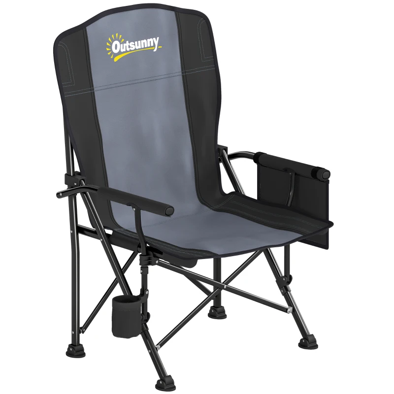 Outsunny Padded Camping Chair Adults Heavy Duty Folding Chair Side Pocket Cup Holder Carry Bag Outdoor Black