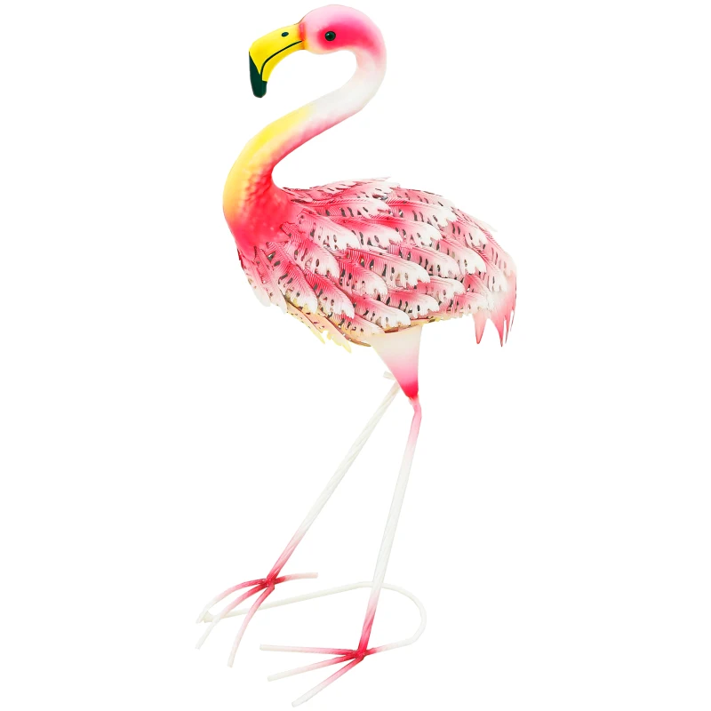 Outsunny Flamingo Garden Statue Ornament, Metal Bird Art Outdoor Statue, Standing Garden Sculpture Gift with Ground Stakes for Pond Landscape Decoration, Pink