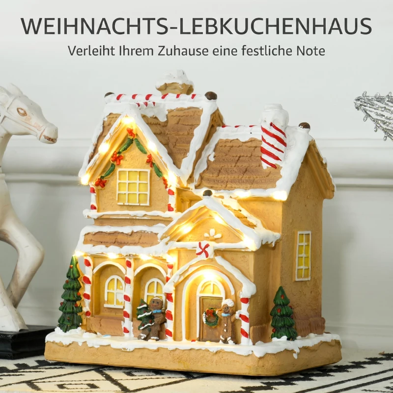 HOMCOM Lebkuchenhaus mit LED-Lichtern und Musik, Weihnachtshaus Winterlandschaft mit Lebkuchenmann, für Weihnachten, Braun