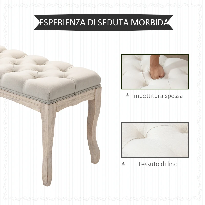 HOMCOM Panca Fondoletto Vintage con Seduta Imbottita in Tessuto e Gambe in Legno, 110x40x48cm, Beige