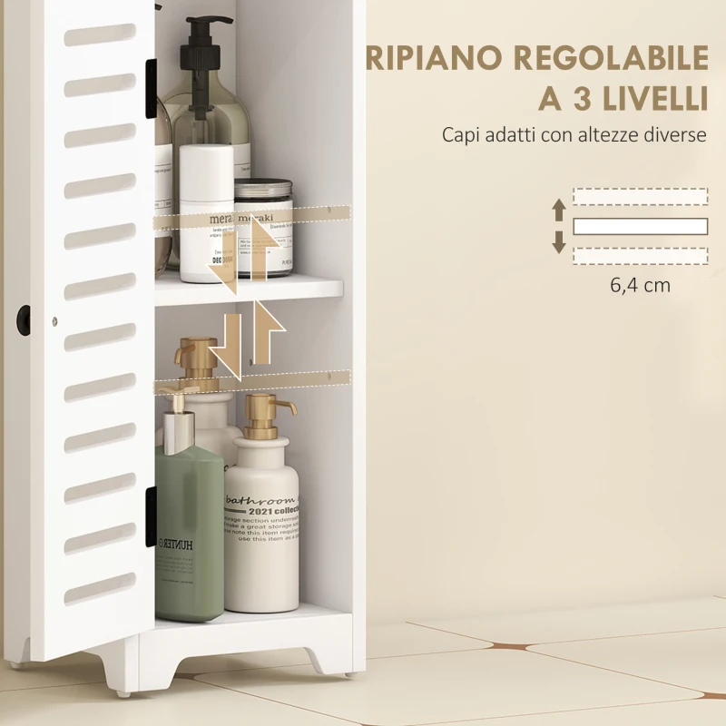 HOMCOM Mobile Bagno Slim con Porta a Lamelle, Mobiletto Bagno con Ripiani Regolabili, Vano Aperto, 22x20x75 cm, Bianco