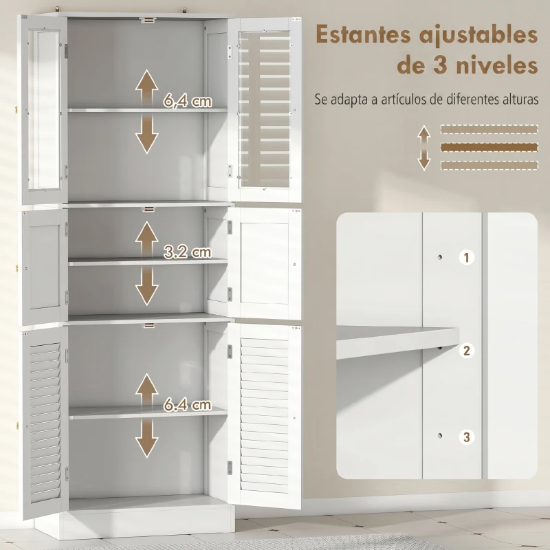 HOMCOM Columna de Baño Estrecha con Puertas de Vidrio Puertas de Lamas Estantes Ajustables 60x30x170 cm Blanco