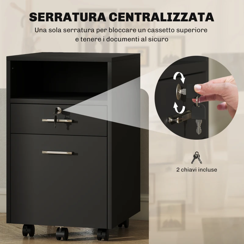 Vinsetto Cassettiera da Ufficio Portadocumenti in Legno con 2 Cassetti e Ripiano Aperto, 39x40x65 cm, Nero