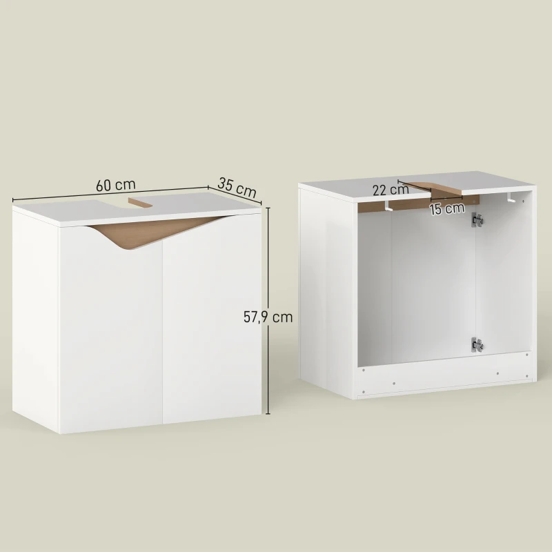 HOMCOM Meuble sous lavabo, meuble de salle de bain avec 2 portes à fermeture douce, 60 x 35 x 57,9 cm, blanc et bois naturel