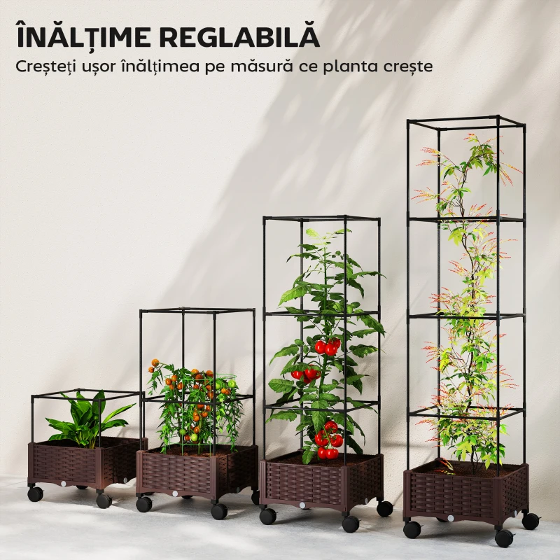 Outsunny Jardinieră Înălțată cu Spalier 20L, Roți Blocabile și Sistem de Autoirigare, Maro