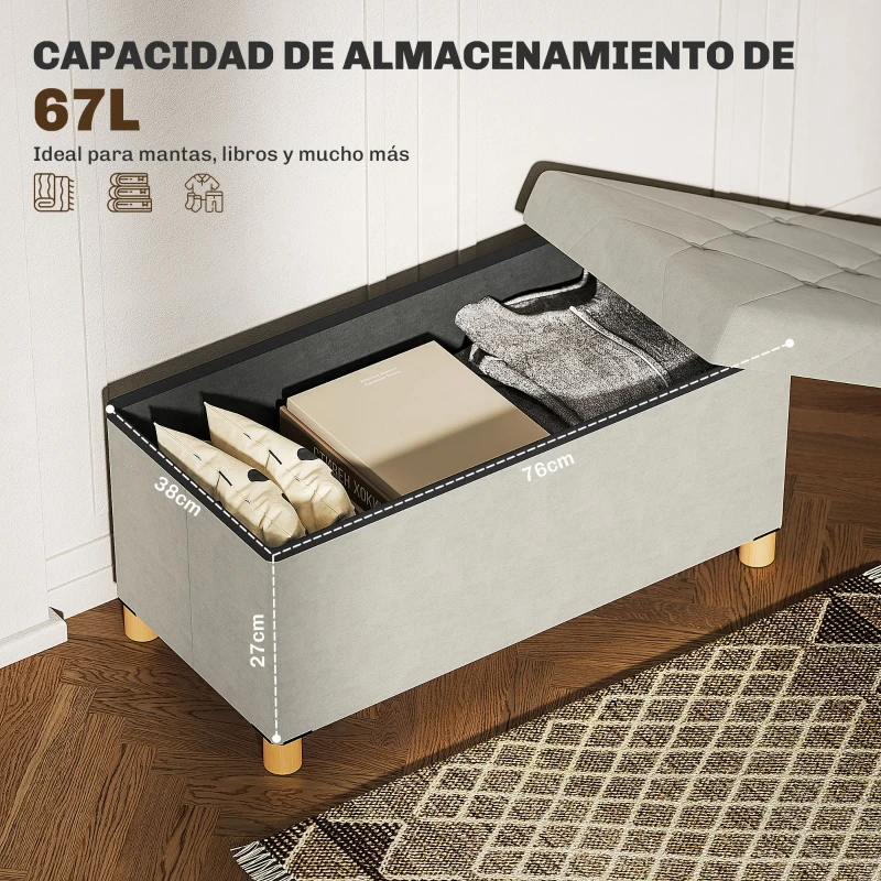 HOMCOM Banco Almacenaje Capacidad de 67 L 76x38x38 cm Tapizado en Terciopelo Carga 120 kg para Sala de Estar Dormitorio Crema