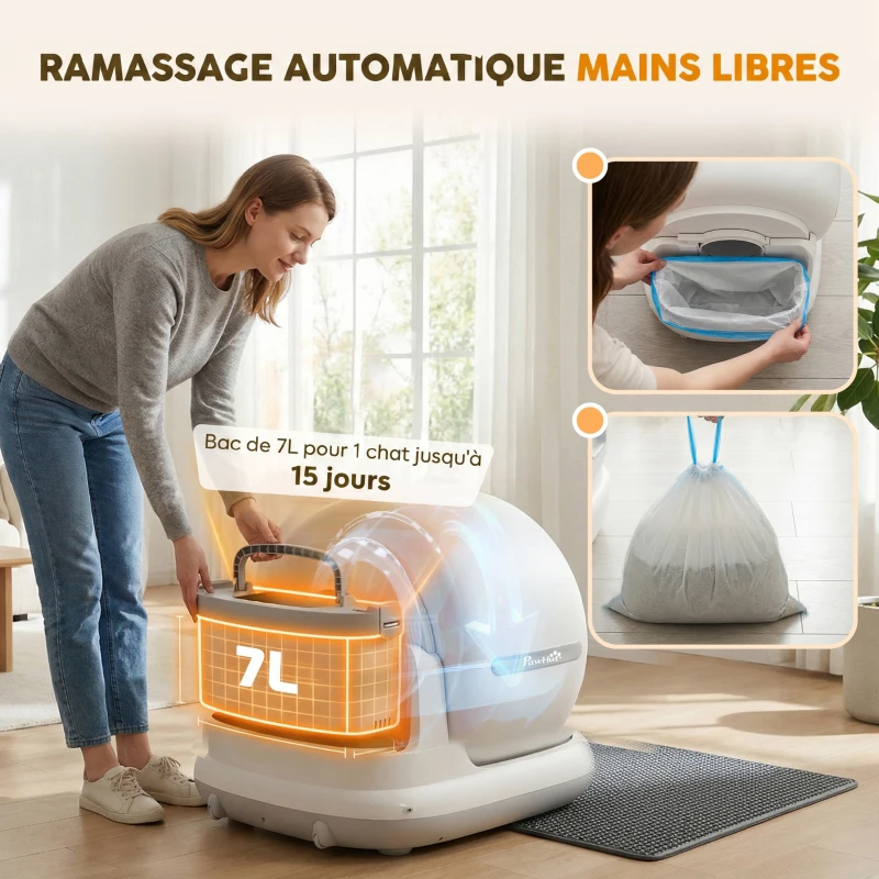 PawHut Litière Chat Autonettoyante 72L, Purification Action, Contrôle par App, Protection de Sécurité, 58,1x47,5x53cm, Blanc