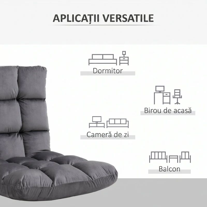 HOMCOM Fotoliu de Podea din Catifea cu Spătar Reglabil până la 180° și Tapițerie Groasă, 55x71x53.5cm, Gri Închis