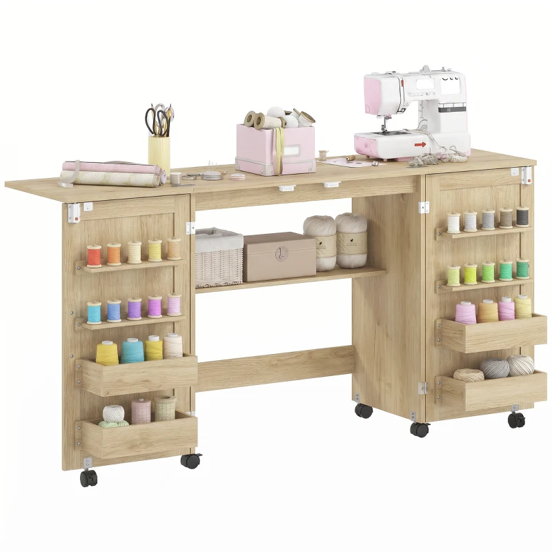 HOMCOM Masă de Cusut Pliabilă cu Roți, 4 Recipiente, 20 Pini, Raft, Panou de PAL, Stejar