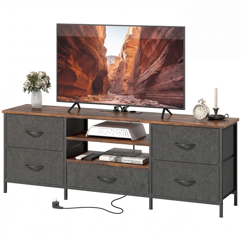 HOMCOM Meuble TV 140 cm, meuble télé 65 pouces, station de charge, 5 tiroirs en tissu, étagères ouvertes, 140x30x50cm, marron